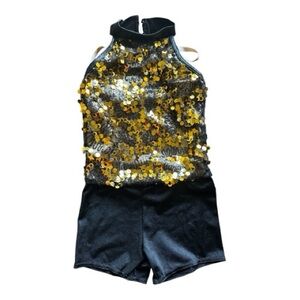 Weissman Gold Sequin Halter Top and Black Shorts Set, size SC (6/6x)